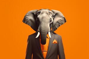 retrato de un elefante en un traje en un naranja antecedentes. generativo ai foto