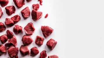Raw beef meat on white background. Top view. Copy space. generative ai photo