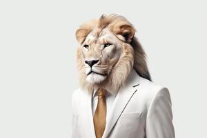 Lion in suit and tie. Isolated over white background. photo