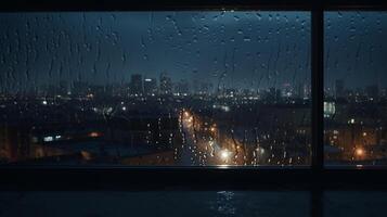 Rainy city view from the window. Night cityscape background. photo