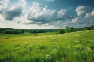 Beautiful green meadow under blue sky with clouds. Nature composition. photo