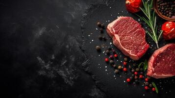 Raw beef steak with spices and herbs on black background, top view photo