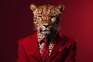 Leopard in a red suit and bow tie. Studio shot. business and fashion concept photo
