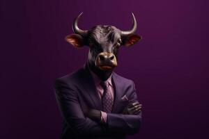 Businessman in a suit with horns on a purple background. Business concept. photo