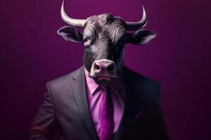 Businessman in a suit with horns on a purple background. Business concept. photo