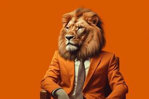 león en un traje y Corbata se sienta en un Sillón en un naranja antecedentes generativo ai foto