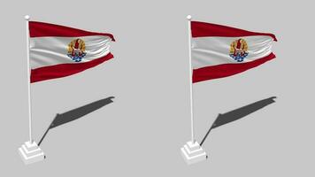 francês Polinésia bandeira desatado em loop acenando com pólo base ficar de pé e sombra, isolado em alfa canal Preto e branco fosco, avião e colisão textura pano variações, 3d Renderização video