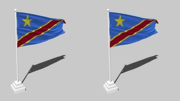 Dr congo bandera sin costura serpenteado ondulación con polo base estar y sombra, aislado en alfa canal negro y blanco mate, llanura y bache textura paño variaciones, 3d representación video