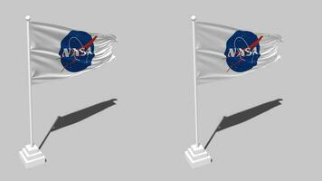 nationale aéronautiques et espace administration, nasa drapeau sans couture en boucle agitant avec pôle base supporter et ombre, isolé sur alpha canal noir et blanc mat, plaine et bosse texture tissu video