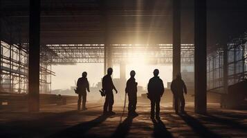 Silhouettes of people walking in a warehouse. 3d rendering photo