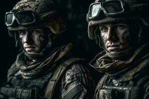 dos soldados en militar uniformes con asalto rifle en oscuro antecedentes. selectivo atención foto