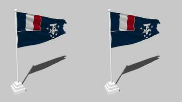 French Southern and Antarctic Lands, TAAF Flag Seamless Looped Waving with Pole Base Stand and Shadow, Isolated on Alpha Channel Black and White Matte, Plain and Bump Texture Cloth Variations video