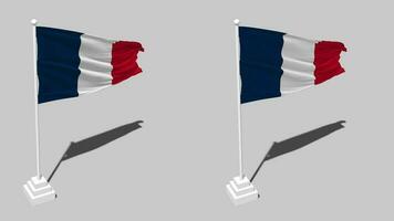 France drapeau sans couture en boucle agitant avec pôle base supporter et ombre, isolé sur alpha canal noir et blanc mat, plaine et bosse texture tissu variantes, 3d le rendu video