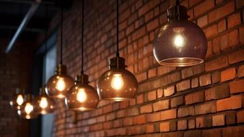 Vintage lamps hanging on brick wall, closeup. Interior design photo