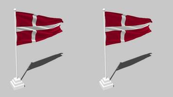 Dinamarca bandeira desatado em loop acenando com pólo base ficar de pé e sombra, isolado em alfa canal Preto e branco fosco, avião e colisão textura pano variações, 3d Renderização video