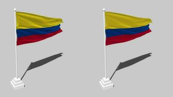 Colombia vlag naadloos lusvormige golvend met pool baseren staan en schaduw, geïsoleerd Aan alpha kanaal zwart en wit mat, duidelijk en buil structuur kleding variaties, 3d renderen video