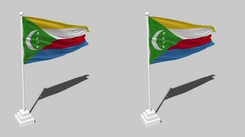 comores drapeau sans couture en boucle agitant avec pôle base supporter et ombre, isolé sur alpha canal noir et blanc mat, plaine et bosse texture tissu variantes, 3d le rendu video