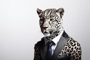 leopardo en un naranja traje y arco atar. estudio disparo. negocio y Moda concepto generativo ai foto