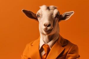 Portrait of a goat and a businessman suit isolated background photo