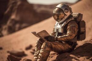 Astronaut reading a book in the desert. 3d rendering photo