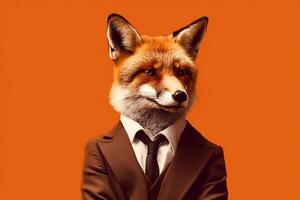 retrato de un zorro en un traje en un naranja antecedentes. negocio y Moda concepto generativo ai foto