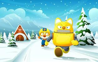 Cute Penguin and Robot Fox Running Around Background vector