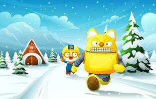 Cute Penguin and Robot Fox Running Around Background vector