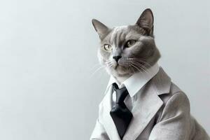 Portrait of a cat in a suit and tie on orange background photo