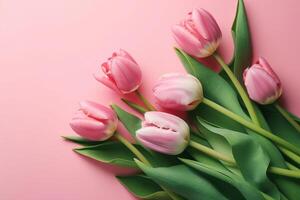 Bouquet of pink tulips on pink background, copy space photo