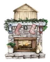 Fireplace with Christmas decor. Socks for sweets. Watercolor hand drawn illustration. Winter holiday. png