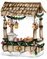 Christmas market with sweets in snow.Watercolor hand drawn illustration. Winter holiday. png