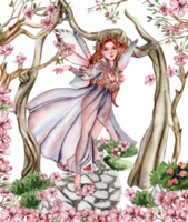 Composition with forest fairy, green tree and bushes . Watercolor hand drawn illustration . png