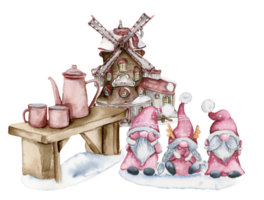 Composition of a windmill and gnomes in the snow. Watercolor hand drawn illustration. png