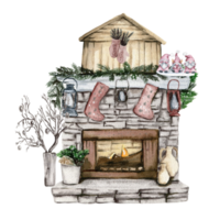 Fireplace with Christmas decor. Socks for sweets. Watercolor hand drawn illustration. Winter holiday. png