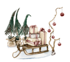 Christmas sled with gifts in the snow. Watercolor hand drawn illustration. png