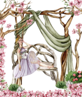 Composition with forest fairy, green tree and bushes . Watercolor hand drawn illustration . png