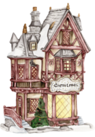 Watercolor house, windmill in winter. Christmas winter house with a snow covered roof and light in windows hand drawn with watercolor . Watercolor illustration. Winter cottage. png