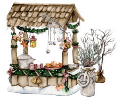 Christmas market with sweets in snow.Watercolor hand drawn illustration. Winter holiday. png