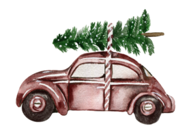 Christmas car with tree on the roof. Watercolor hand drawn illustration. png
