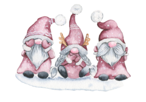 Watercolor three gnomes in Christmas. Watercolor hand drawn illustration. Winter holiday.See nothing, hear nothing, say nothing. png