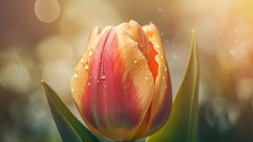 Tulip flower with water drops on the petals closeup photo