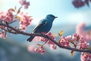 Blue bird on sakura branch with pink flowers in spring time. photo