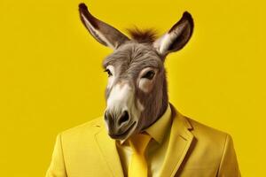 Donkey in a suit and tie on a yellow background. Business concept photo