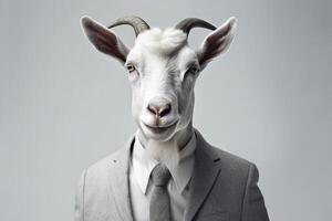 Portrait of a goat and a businessman suit isolated background photo