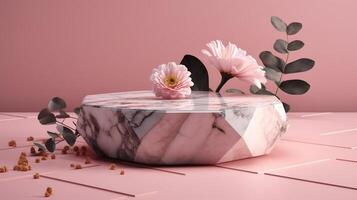 3d representación de un mármol mesa con flores y un florero generativo ai foto