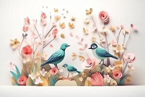 Couple of birds with flowers on white background, paper art concept photo