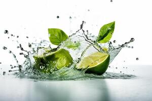 lime splash with water drops isolated on white background. fresh fruit. photo