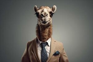 Funny portrait of a camel wearing a suit and tie on grey background photo