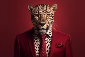 Leopard in a orange suit and bow tie. Studio shot. business and fashion concept photo