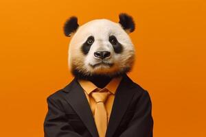 Portrait of a panda in a businessman suit on an isolated background photo